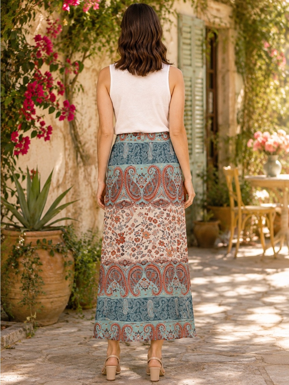 Judith Hart Petite 12P Y2K Boho Midi Skirt Paisley Floral Metallic Faux Wrap - Picture 2 of 6